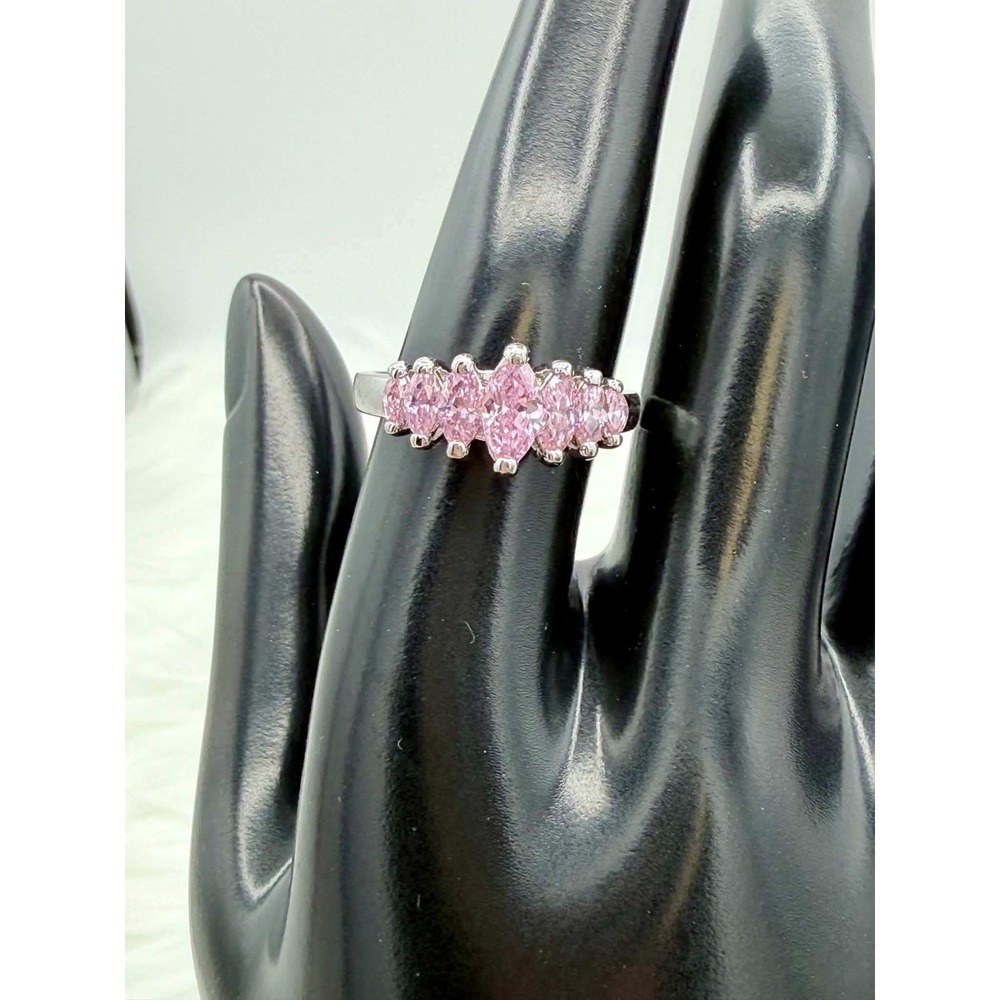 Sterling Silver S925 Pink Marquise Cubic Zirconia Five Stone Band Ring Size 8